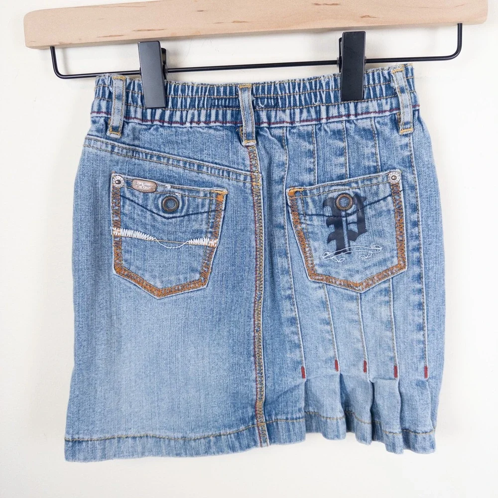 Vintage Y2K Pepe Jeans Denim Skirt Kids Medium 4-5 Blue Gothic Print‎ Pleated